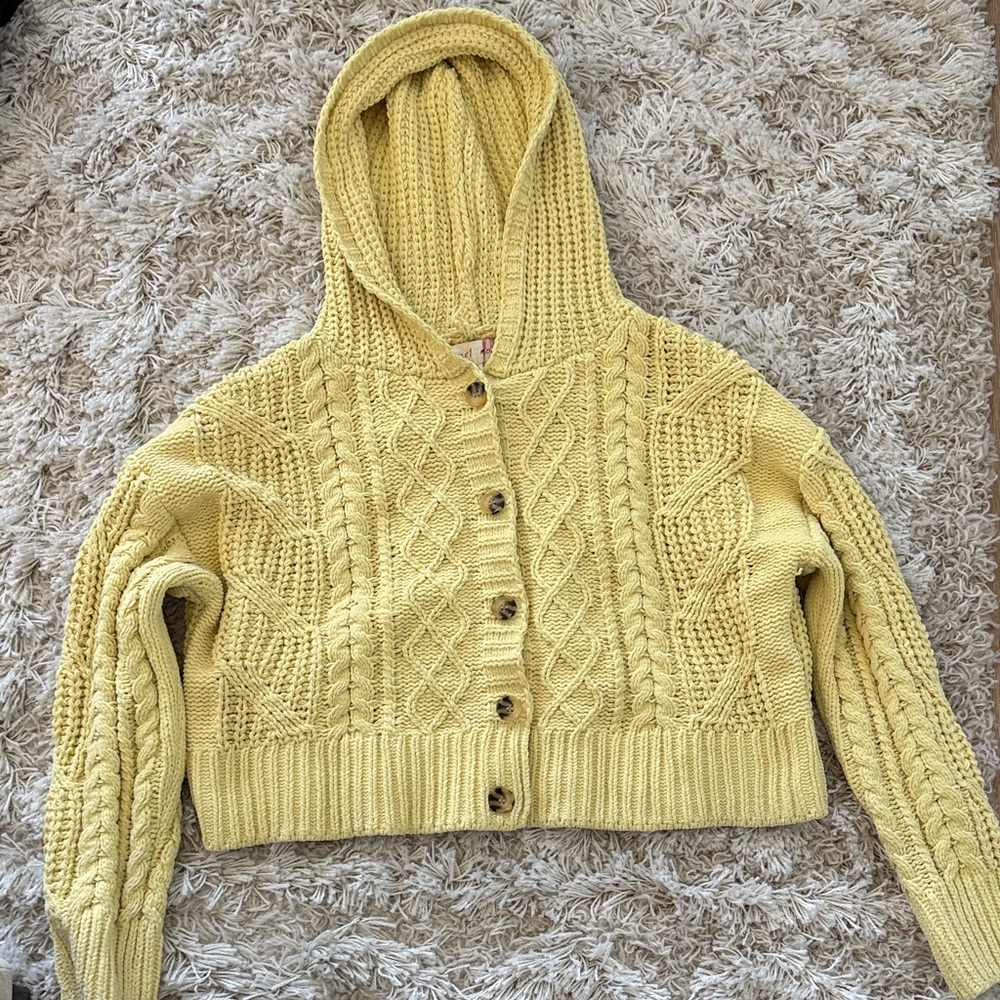 Yellow Cable Knit Hooded Cardigan Chunky Cottagecore Women XL